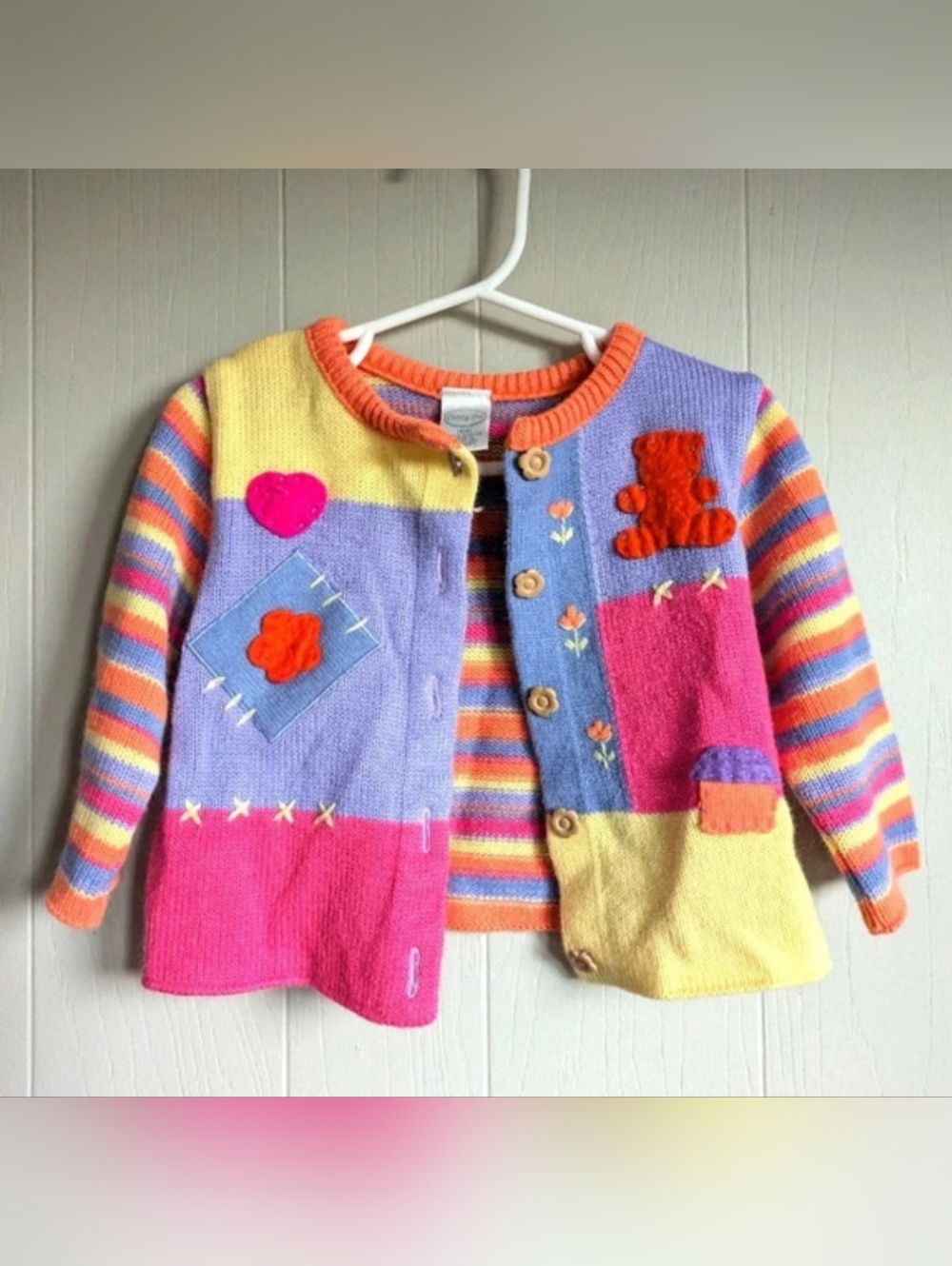 Starting Out Vintage Patchwork Knit Cardigan 18M Teddy Bear Kidcore Cottagecore